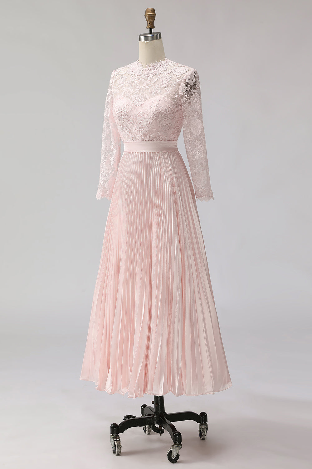 Blush Pink Pleated A-Line Lace Midi Mother Of The Bride Dress