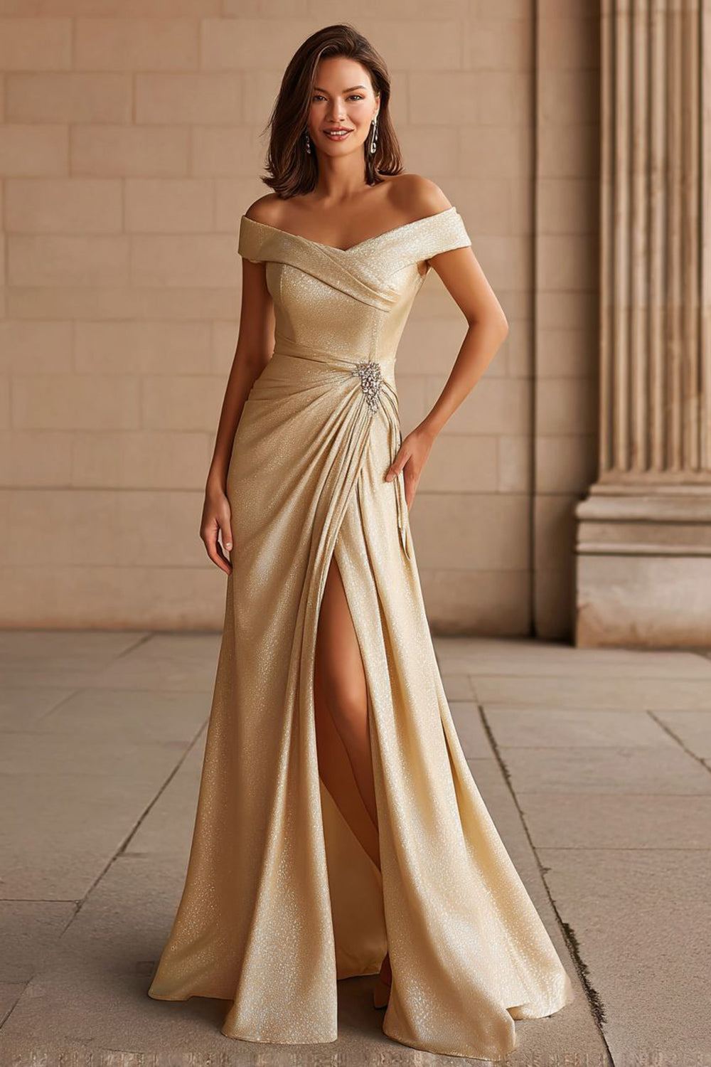 Champagne Off The Shoulder Maxi Dress With Slit