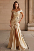 Champagne Off The Shoulder Maxi Dress With Slit