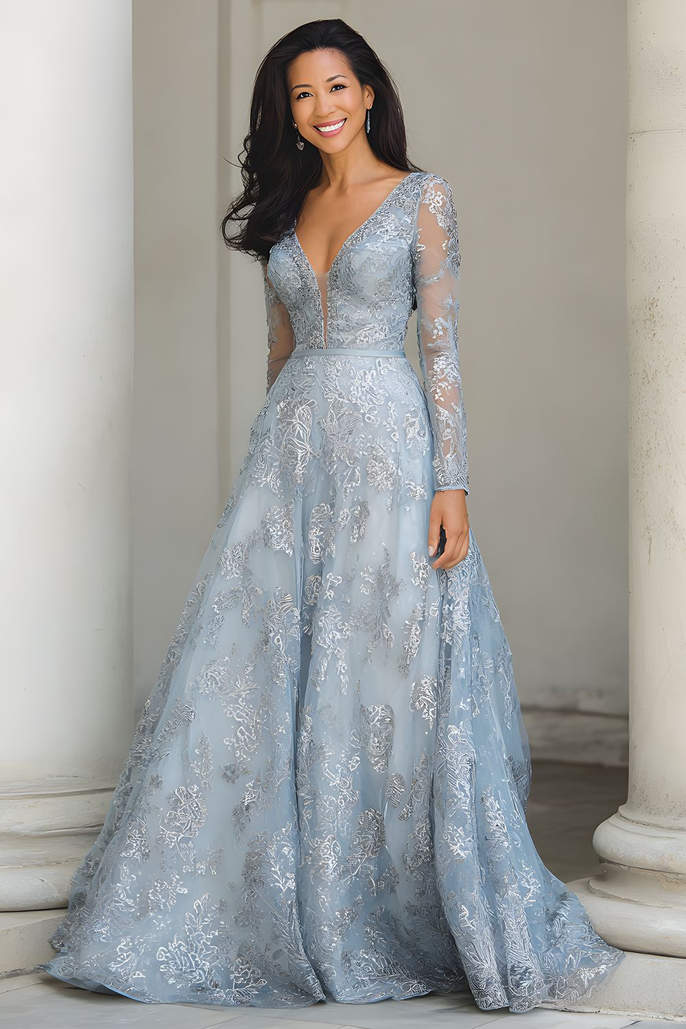 Silver A-Line V-Neck Long Sleeve Maxi Dress with Appliques