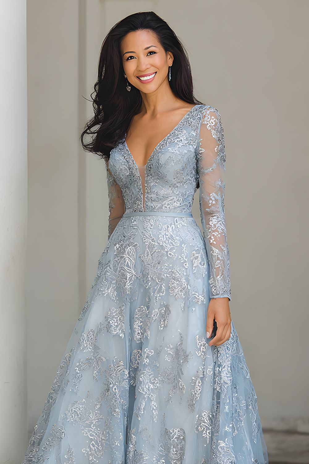 Silver A-Line V-Neck Long Sleeve Maxi Dress with Appliques