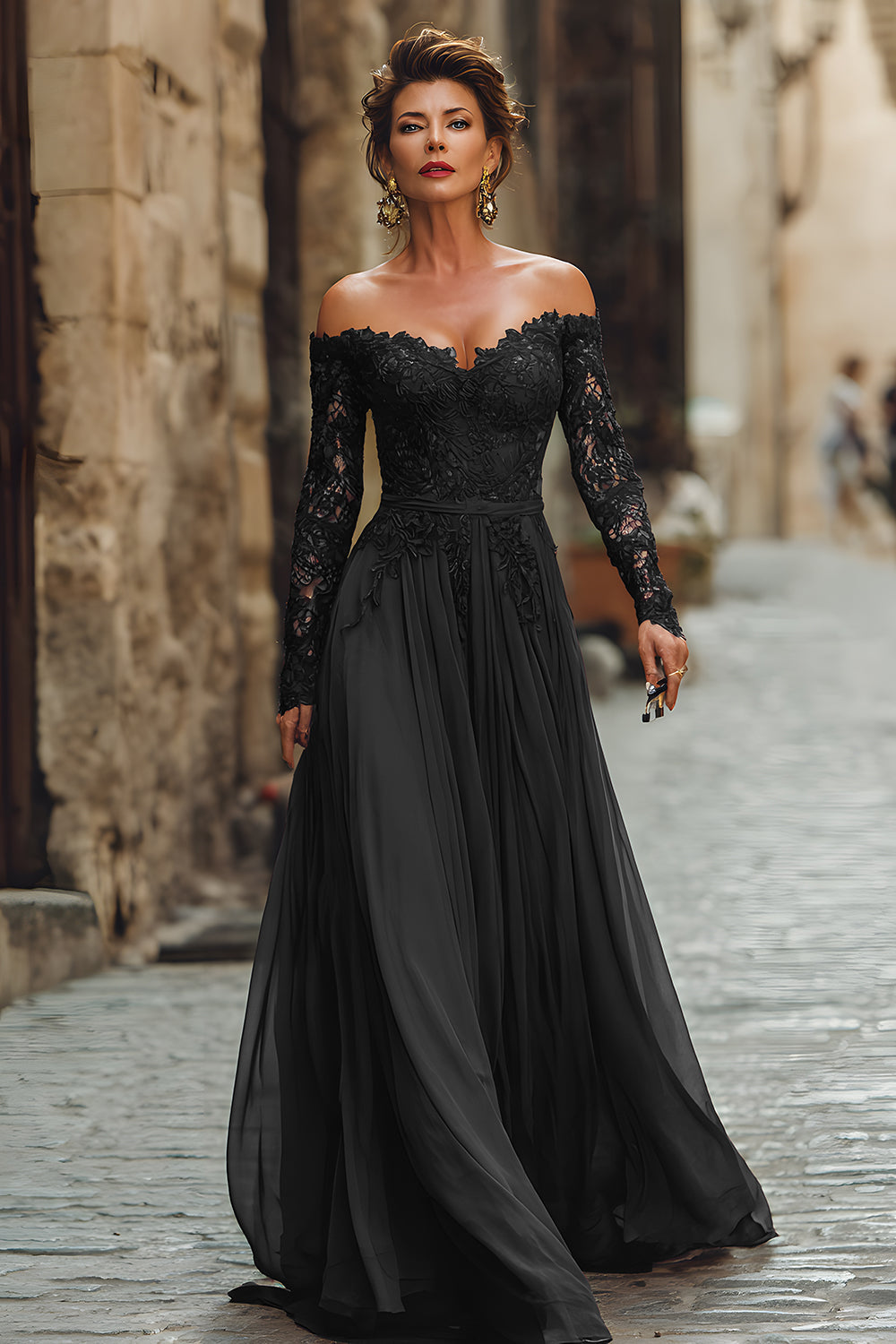 Cabernet A-Line Off the Shoulder Mother Of The Bride Dress With Lace