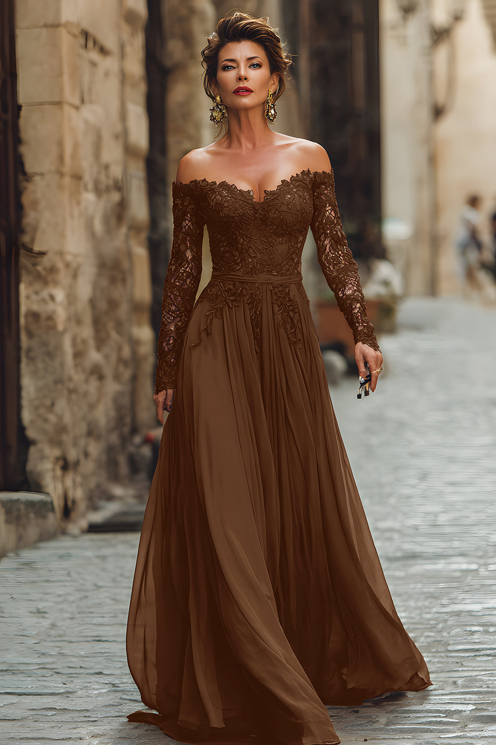 Cabernet A-Line Off the Shoulder Mother Of The Bride Dress With Lace