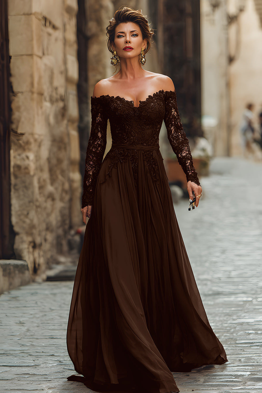 Cabernet A-Line Off the Shoulder Mother Of The Bride Dress With Lace