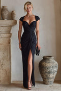 Black Sheath Ruched Long Formal Dress With Slit