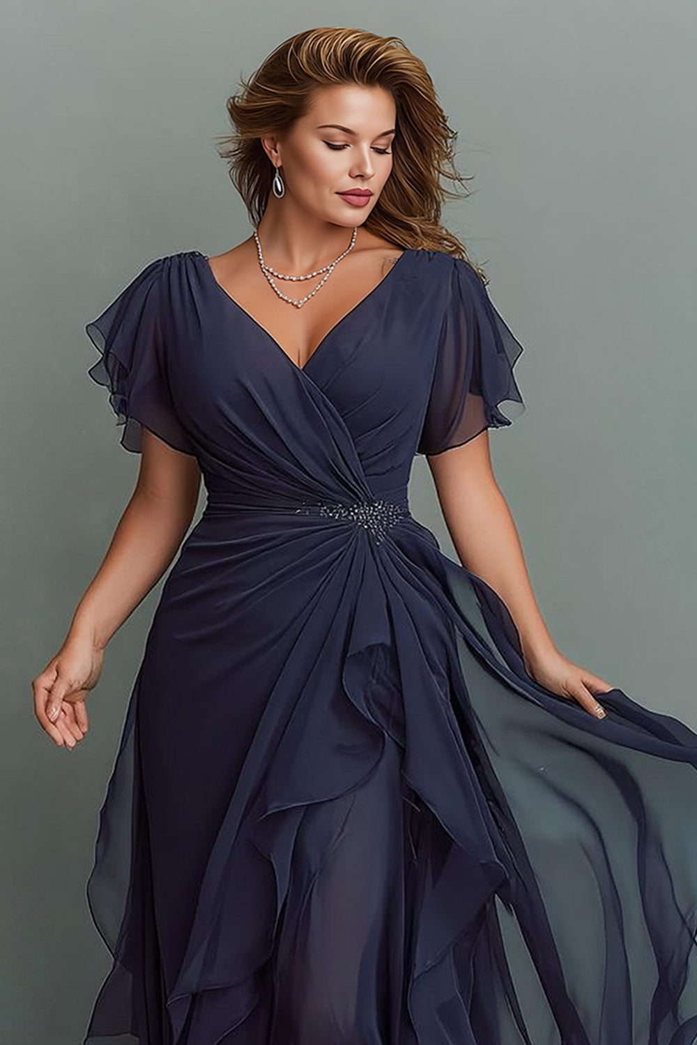 Navy A-Line Chiffon Ruched Maxi Dress With Flutter Sleeves