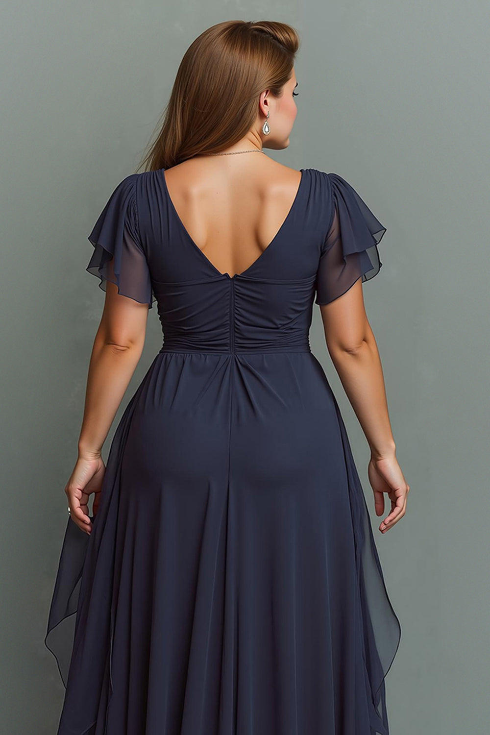 Navy A-Line Chiffon Ruched Maxi Dress With Flutter Sleeves