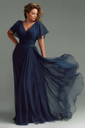 Navy A-Line V-Neck Chiffon Maxi Mother of the Bride Dress