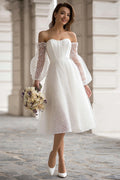 Ivory Polka Dot A-Line Off The Shoulder Bridal Shower Dress With Removable Sleeves