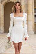 Ivory Long Sleeve Bodycon Square Neck Bridal Shower Dress With Lace