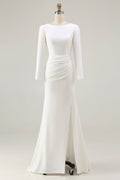 Ivory Ruched Long Sleeve Wedding Dress With Slit