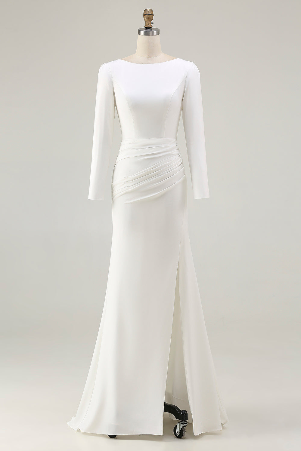 Ivory Ruched Long Sleeve Wedding Dress With Slit