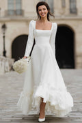 Ivory A-Line Long Sleeve Square Neck Engagement Dress With Ruffles