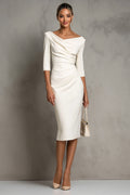 Ivory Sheath V-Neck Midi Dress With Half Sleeves