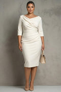 Ivory V Neck Satin Bodycon Plus Size Midi Formal Dress