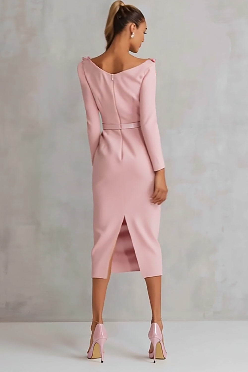 Pink Pencil Long Sleeve Work Dress With 3D Flowers