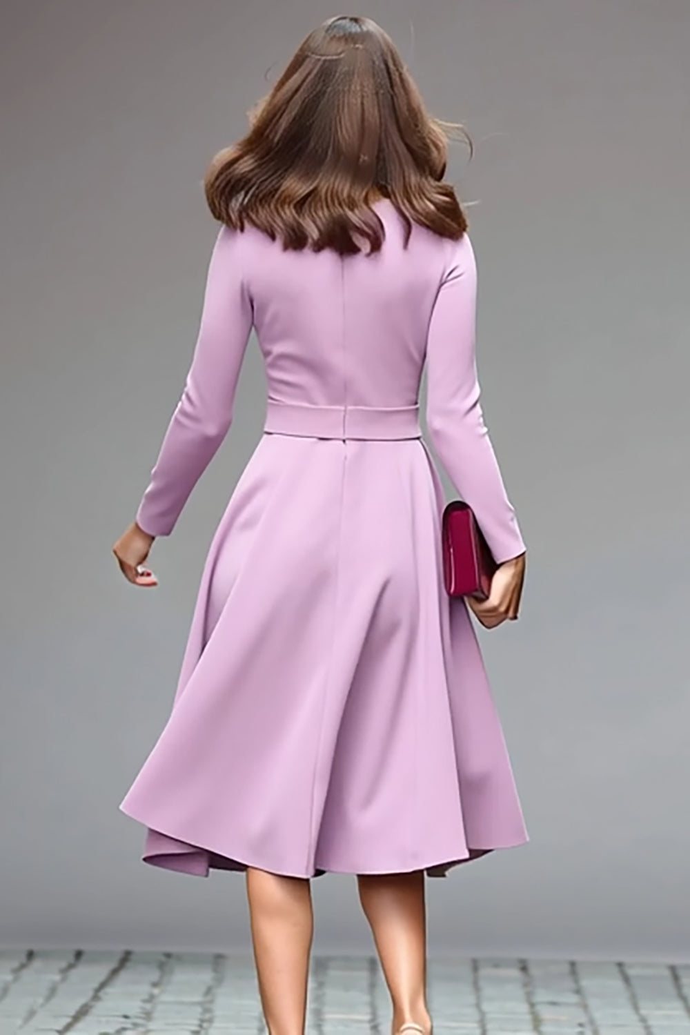 Lilac A-Line Long Sleeve Work Dress With Belt