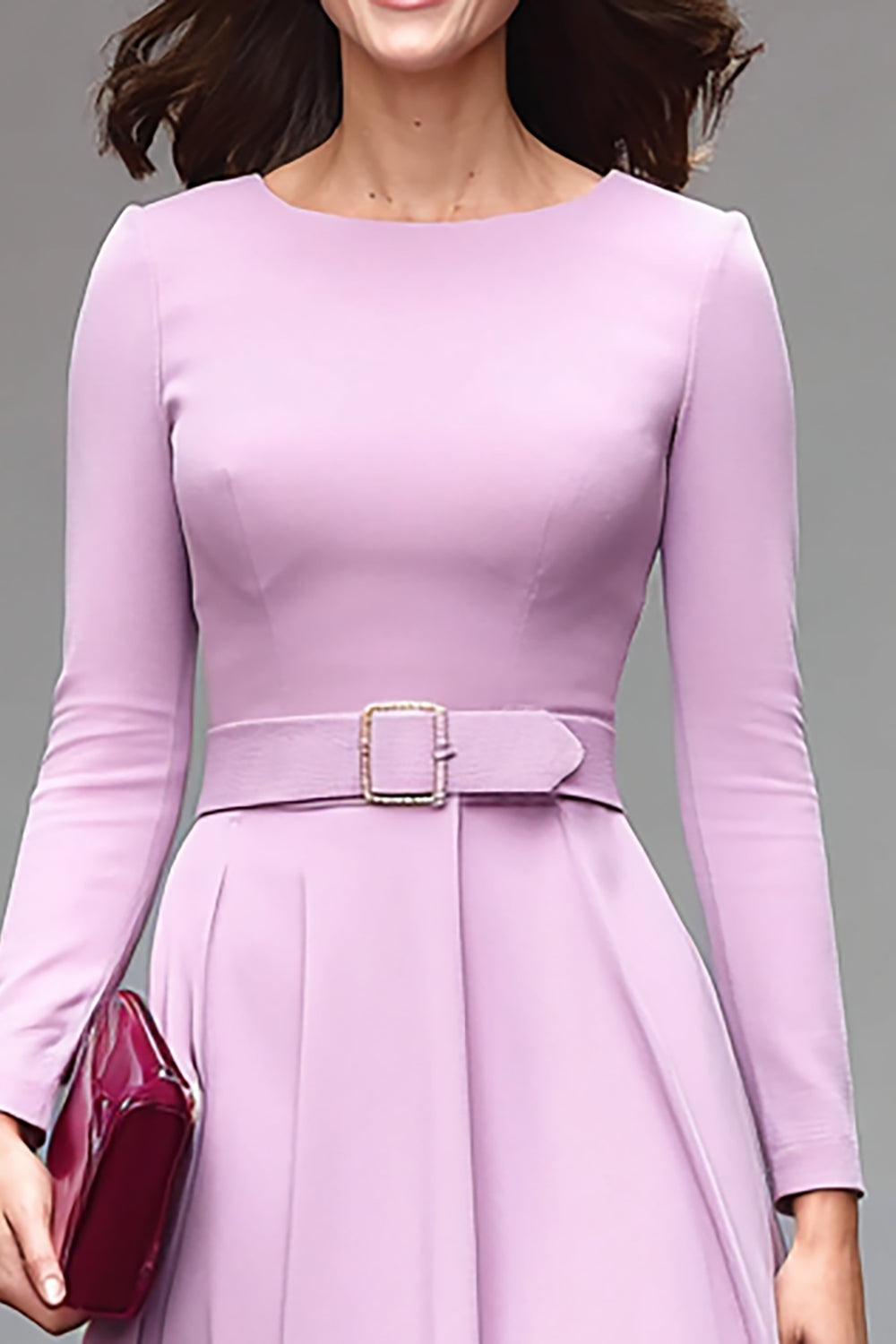 Lilac A-Line Long Sleeve Work Dress With Belt