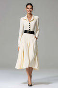 Ivory A-Line Notched Lapel Long Sleeve Work Dress