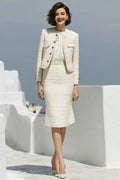 2-Piece Ivory Pencil Tweed Midi Work Dress