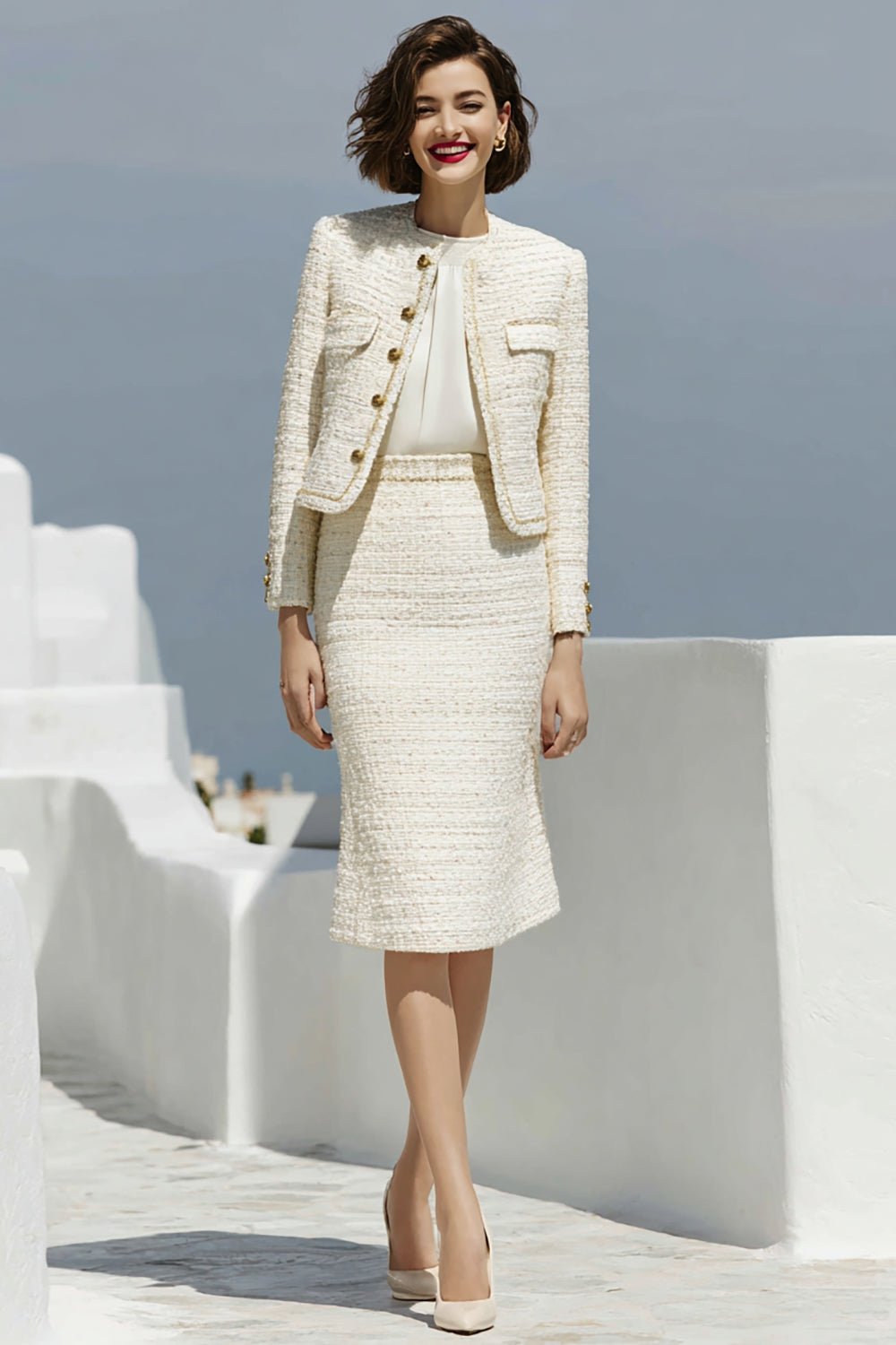 2-Piece Ivory Pencil Tweed Midi Work Dress
