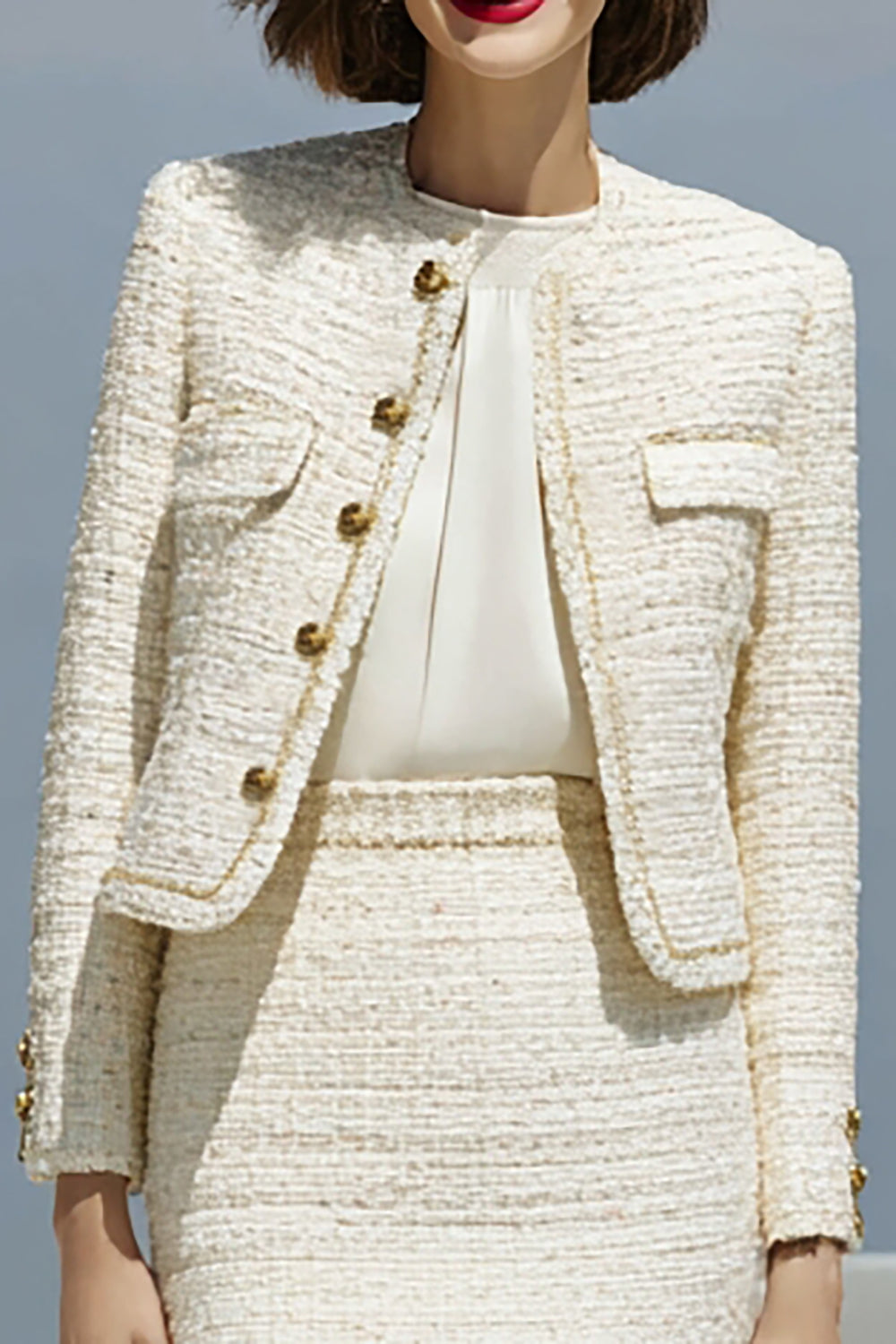 2-Piece Ivory Pencil Tweed Midi Work Dress