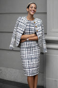 Mix Black Grid 2-Piece Tight Tweed Work Dress