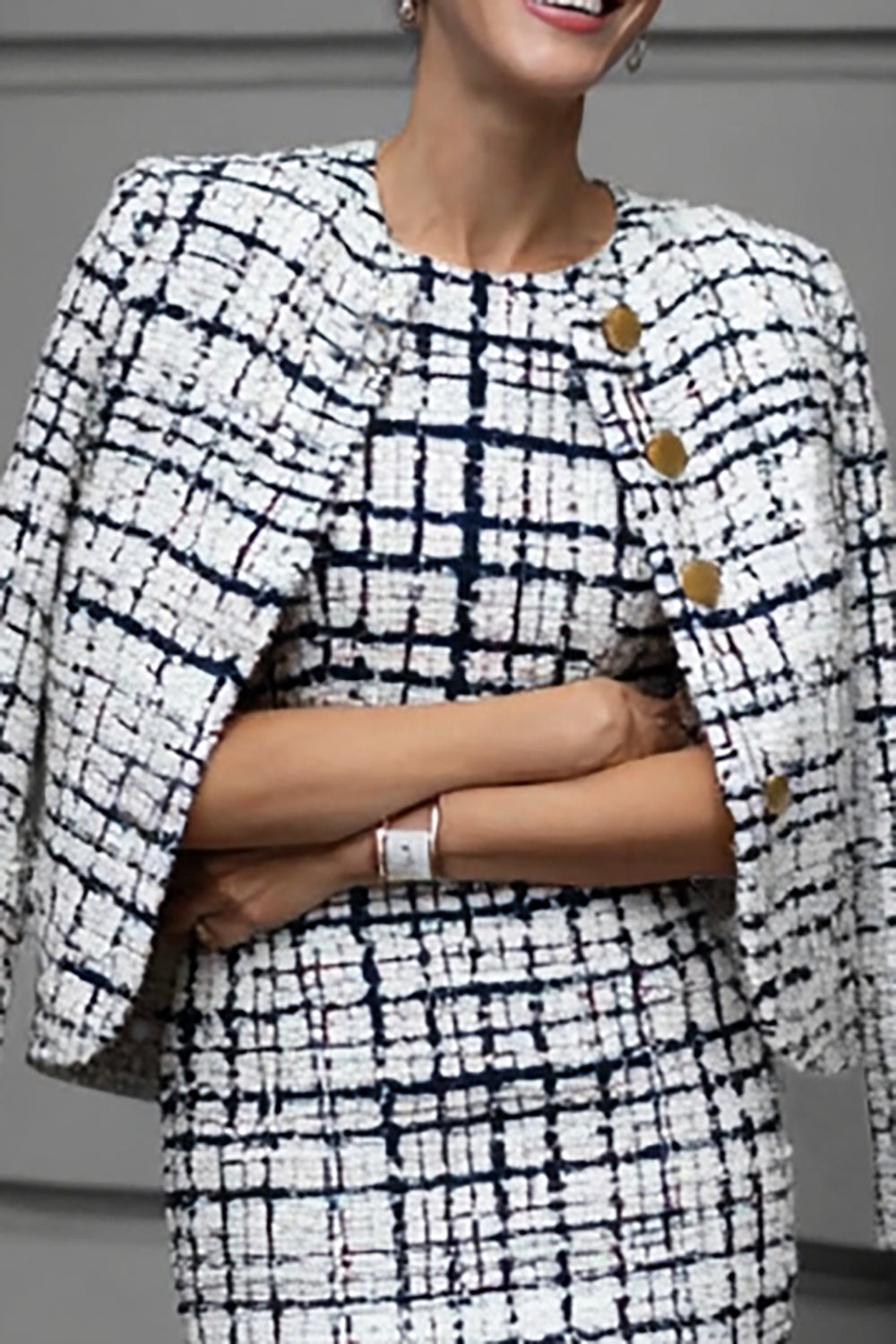 Mix Black Grid 2-Piece Tight Tweed Work Dress