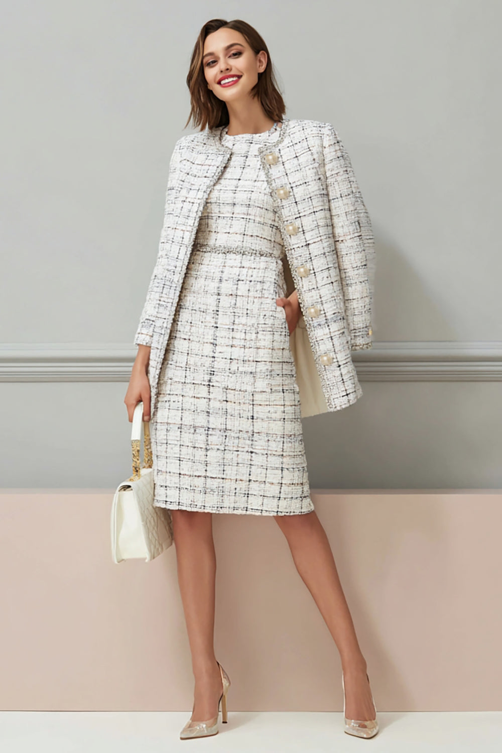 2-Piece Mix Black Gird Tweed Midi Dress