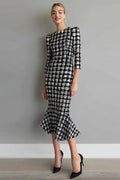 Mix Black Grid Mermaid Tweed Midi Work Dress