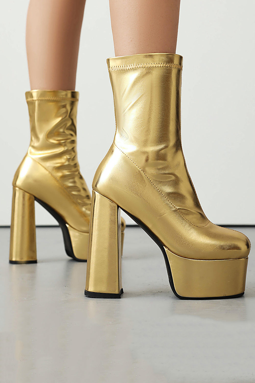Black Round Toe Platform Chunky Heel Ankle Boots