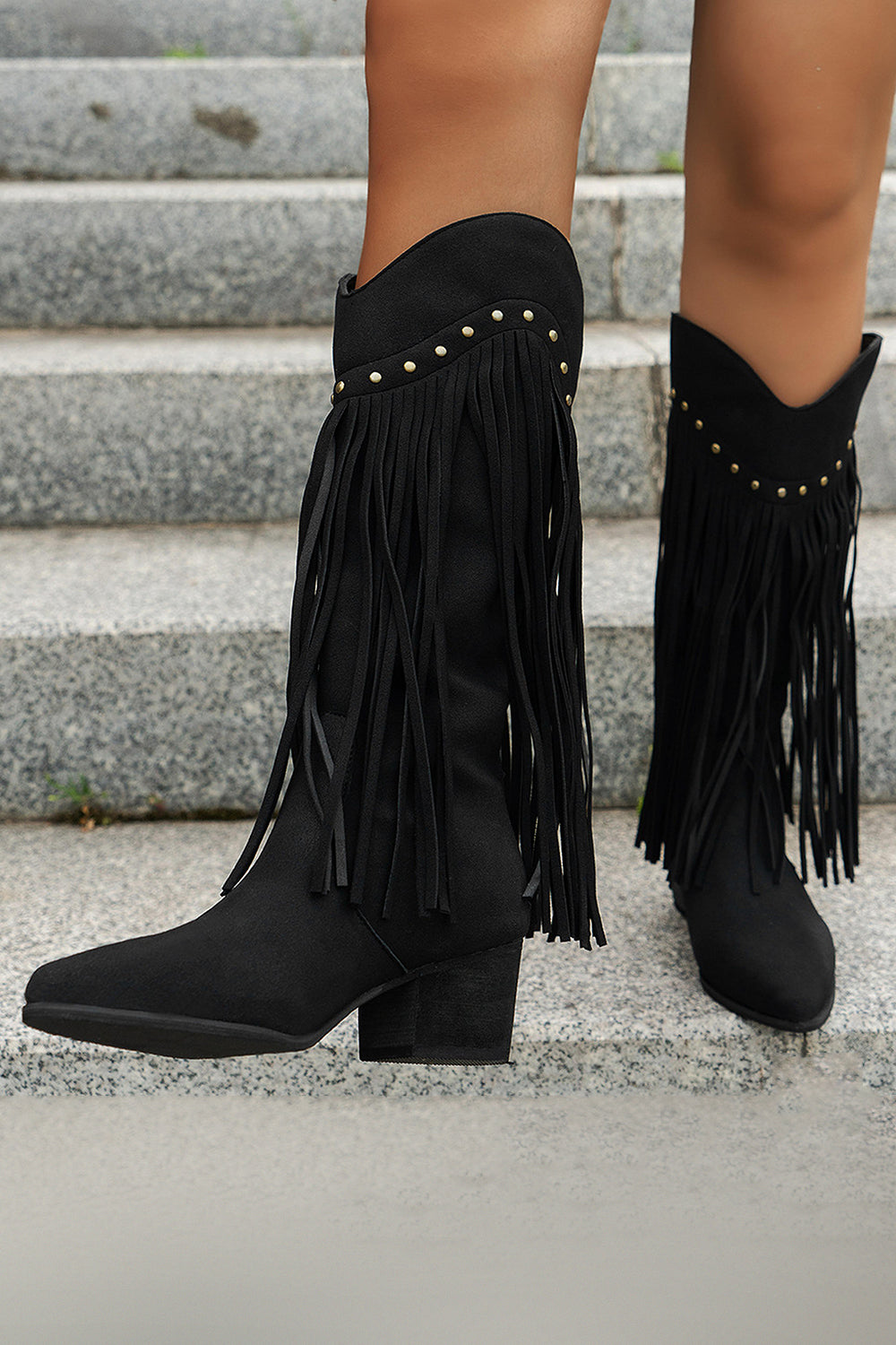 Brown Leopard Wide Calf Chunky Heel Cowgirl Boots with Fringes