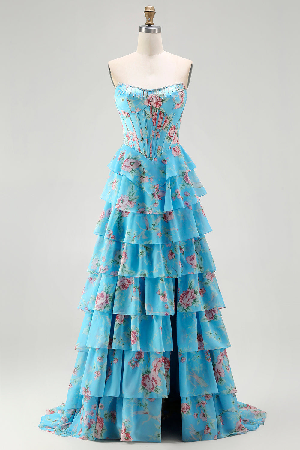 Pink Floral Strapless Tiered Corset Prom Dress With Slit