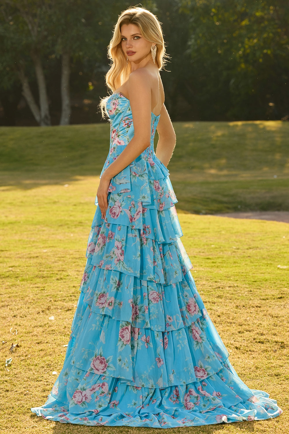 Blue Floral Strapless Tiered A-Line Corset Prom Dress