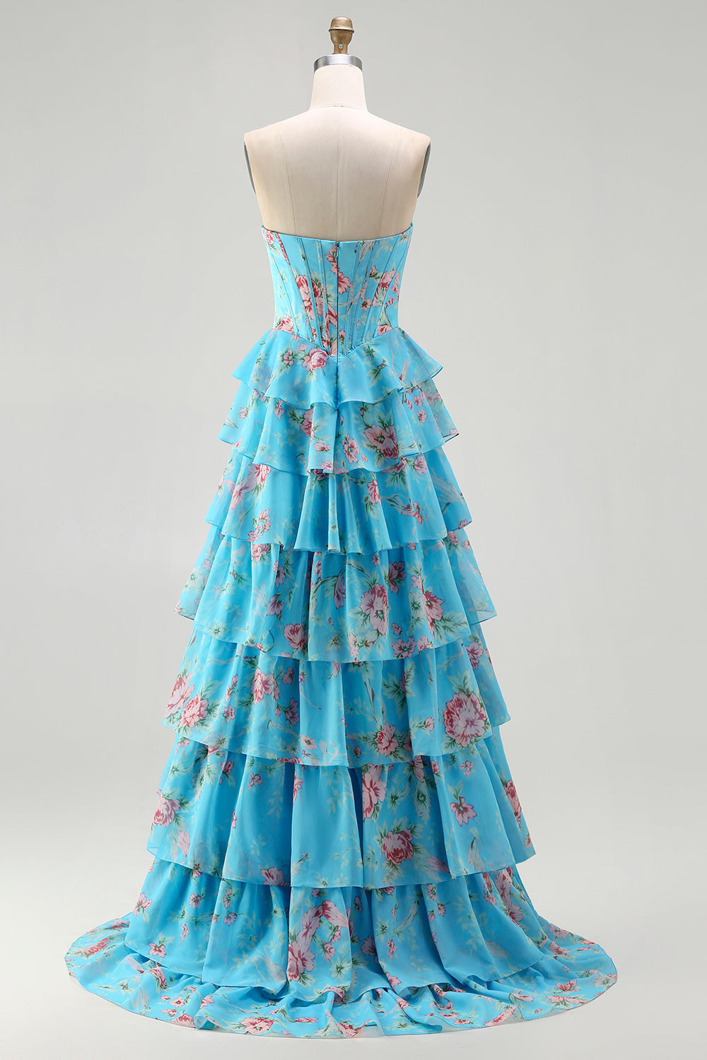 Blue Floral Strapless Tiered A-Line Corset Prom Dress