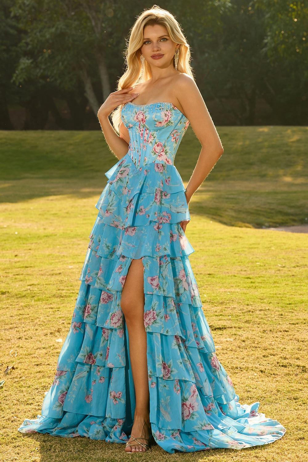 Pink Floral Strapless Tiered Corset Prom Dress With Slit