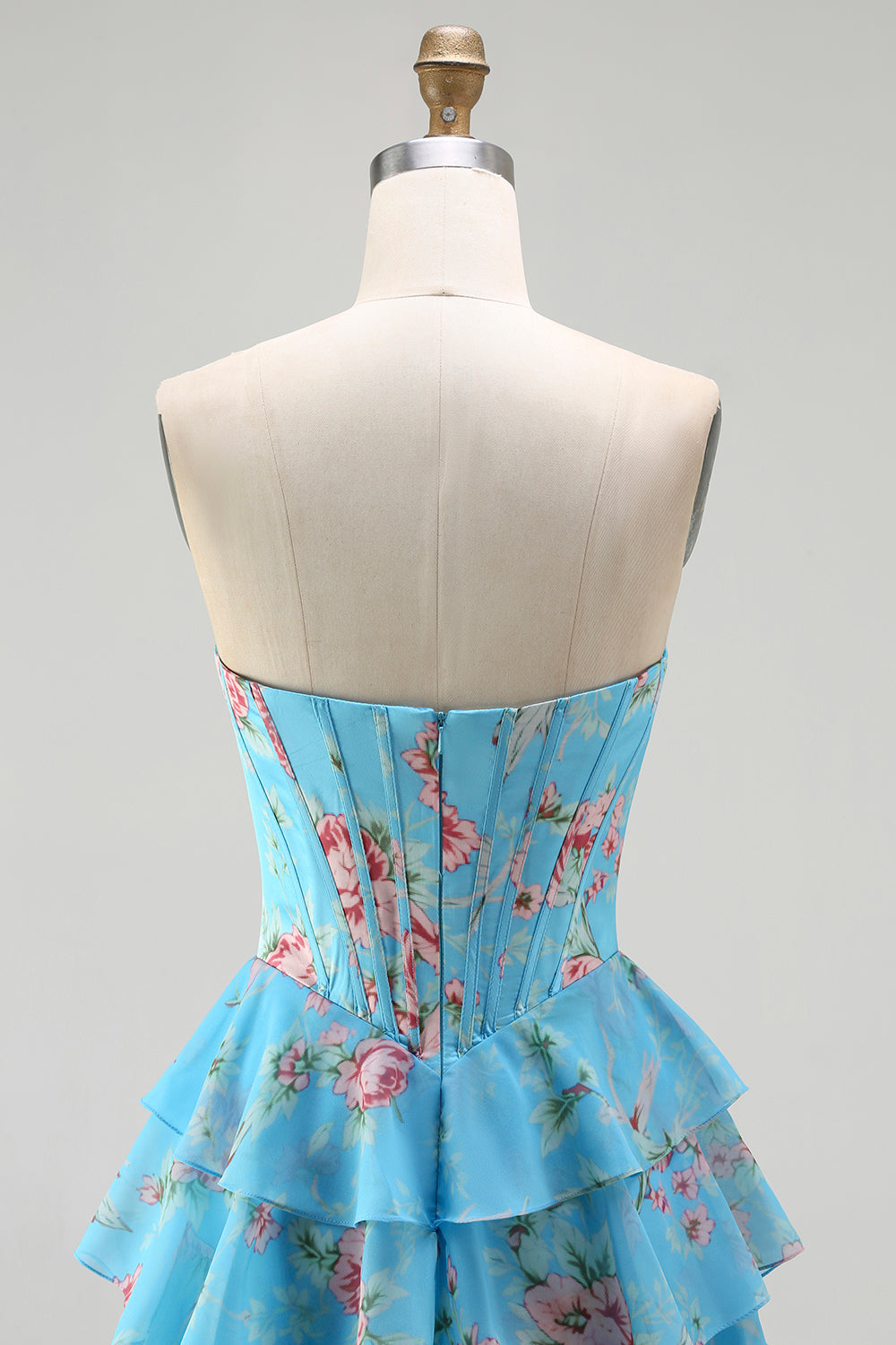 Floral Blue Strapless Tiered A-Line Corset Prom Dress With Slit