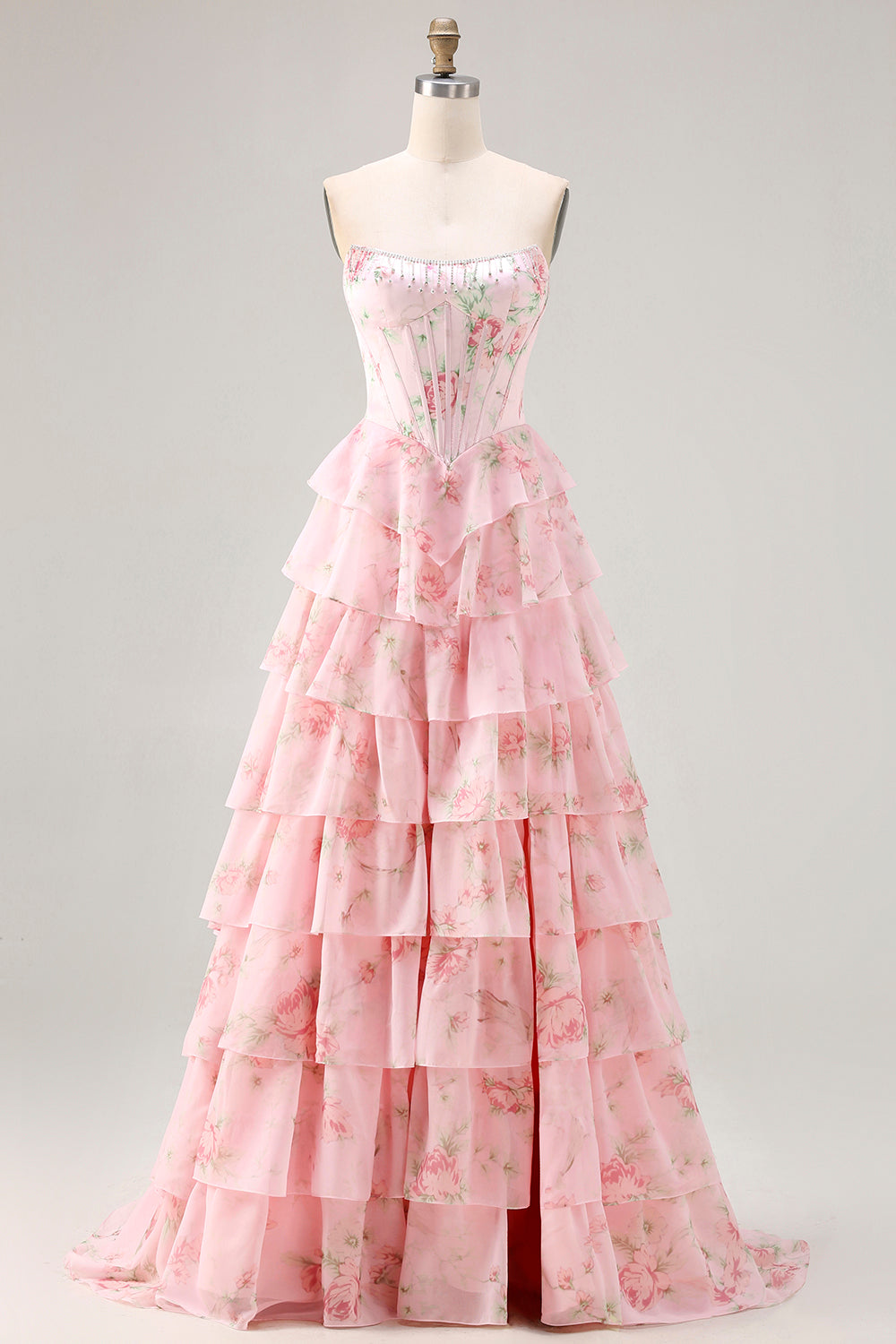Pink Floral Strapless Tiered Corset Prom Dress With Slit