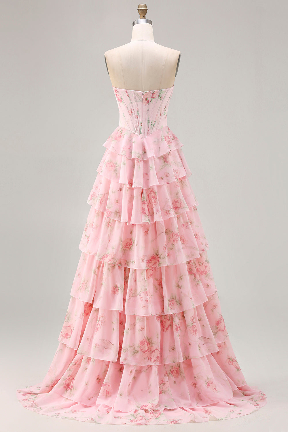 Pink Floral Strapless Tiered Corset Prom Dress With Slit