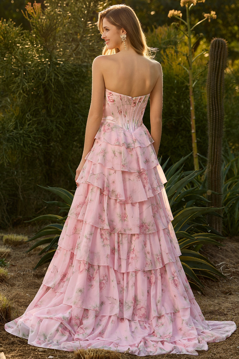 Yellow Floral Tiered Strapless Corset Prom Dress