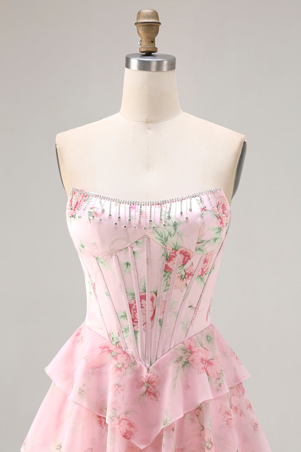 Floral Blue Strapless Tiered A-Line Corset Prom Dress With Slit
