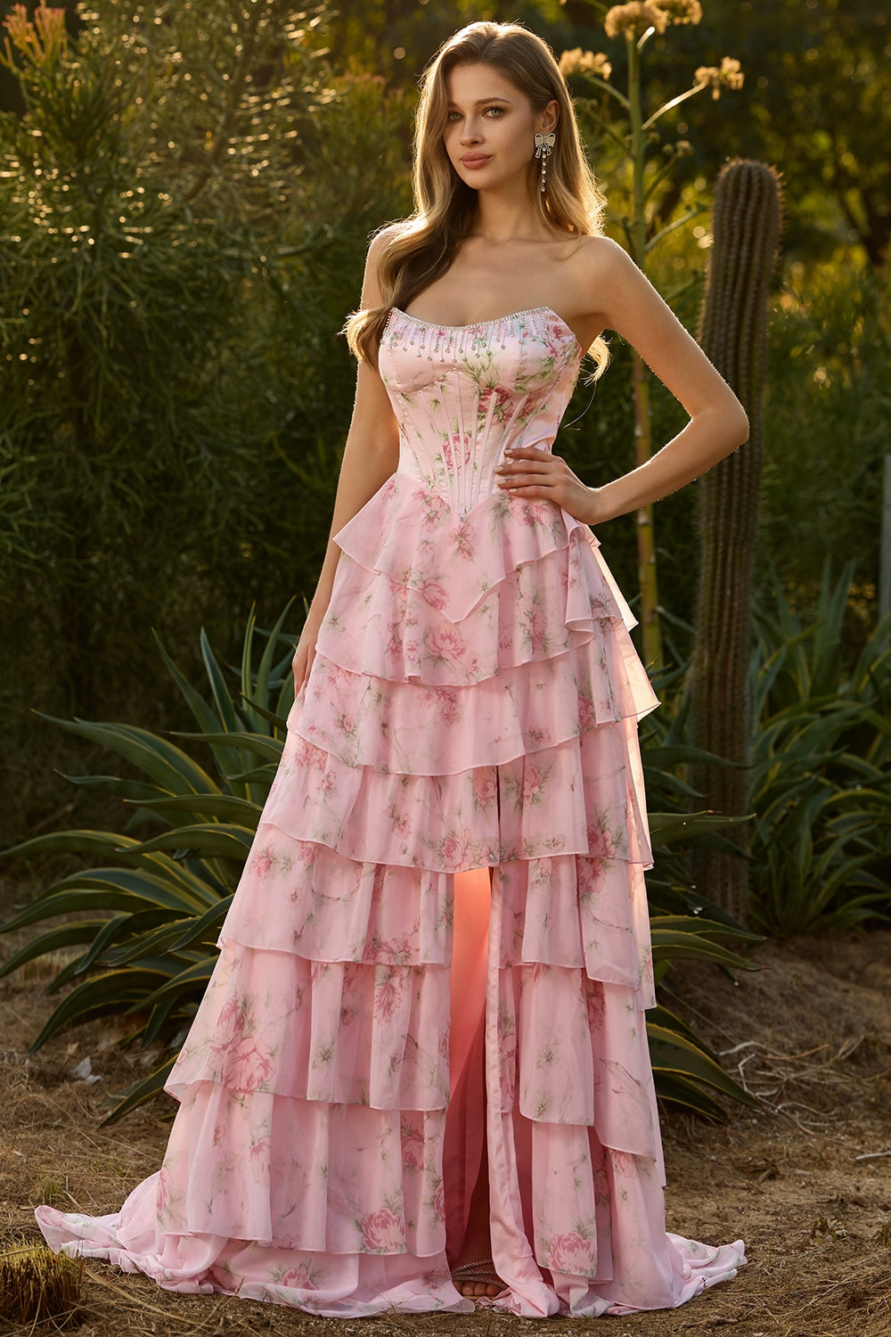 Blue Floral Strapless Tiered A-Line Corset Prom Dress