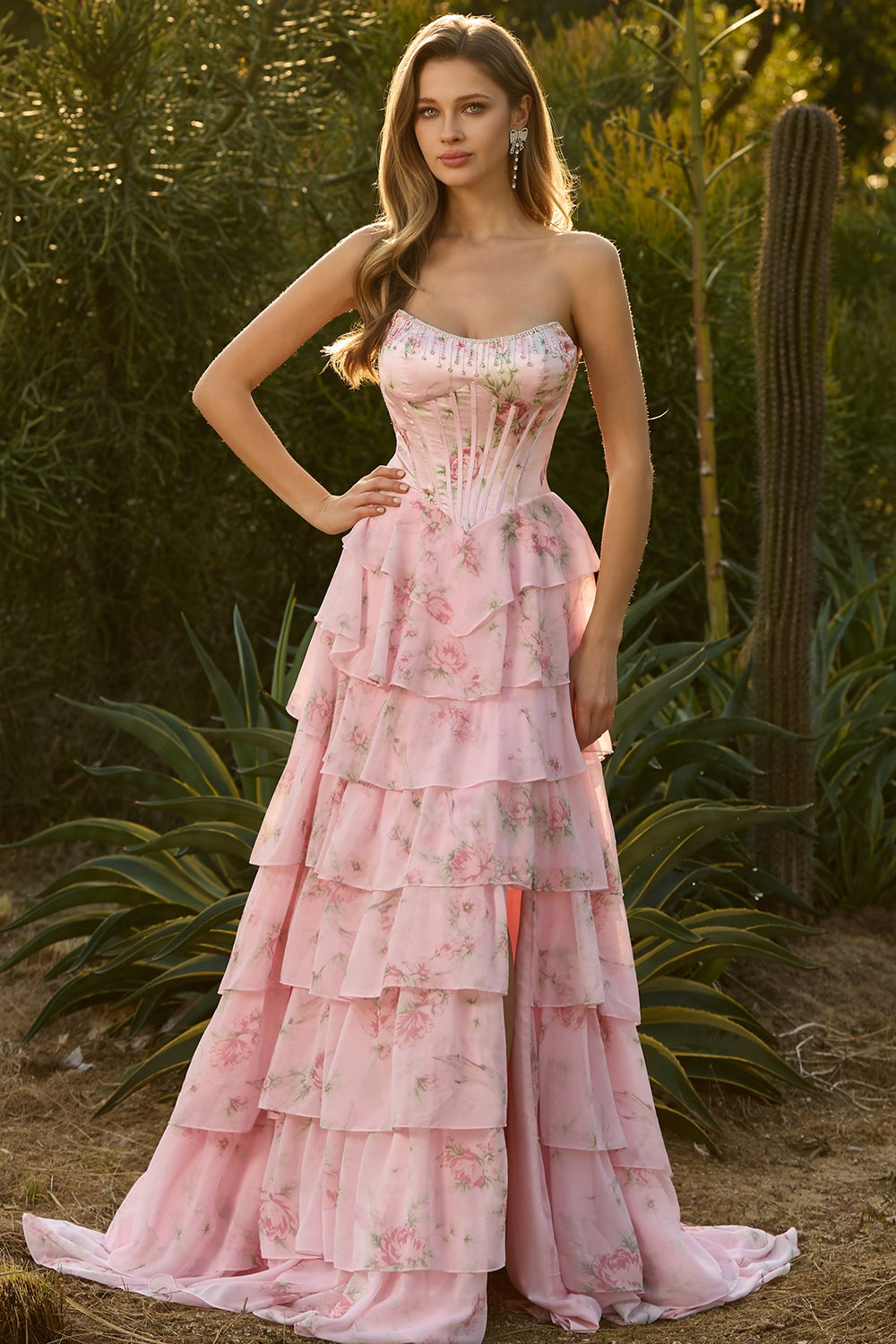 Blue Floral Strapless Tiered A-Line Corset Prom Dress