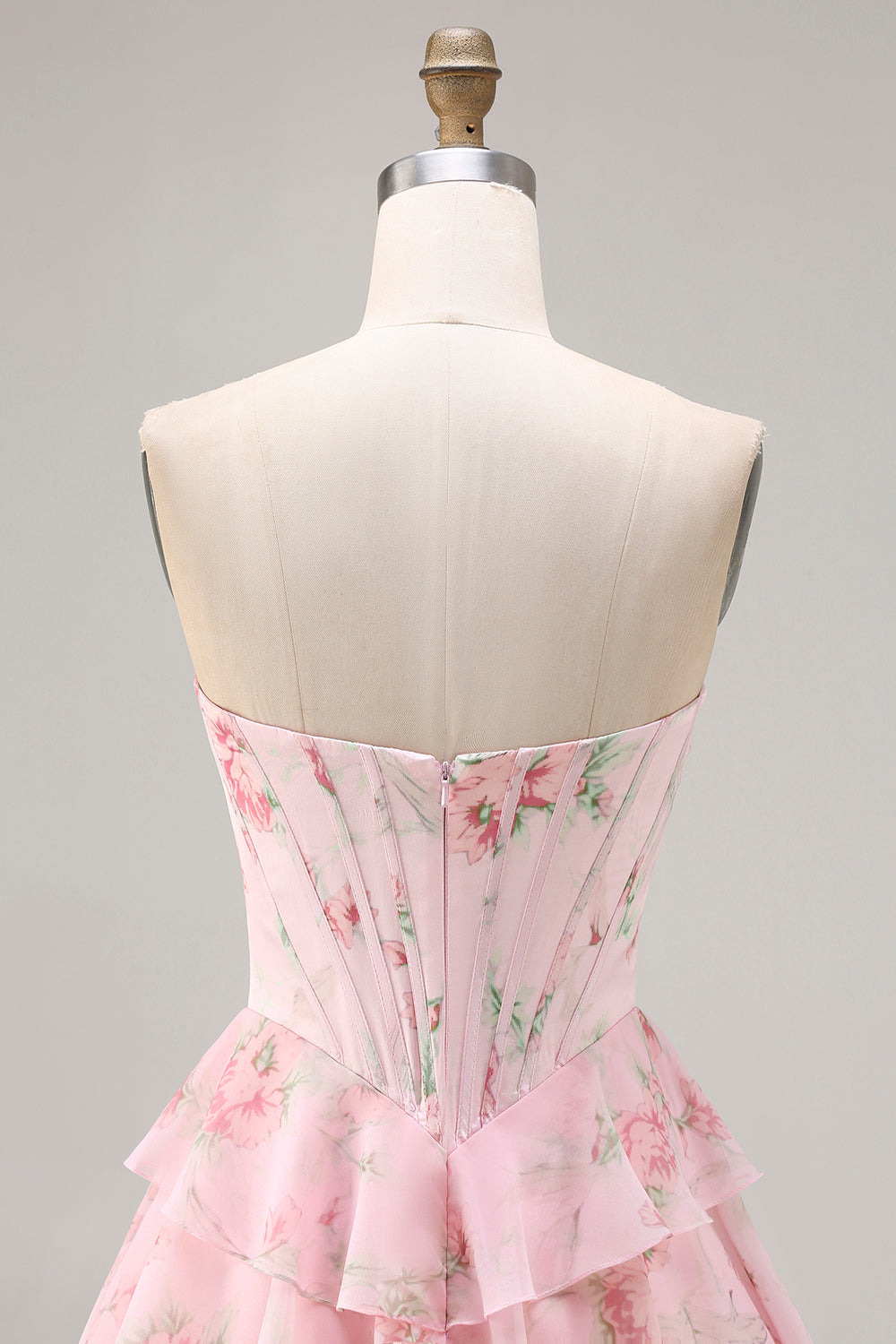 Floral Blue Strapless Tiered A-Line Corset Prom Dress With Slit