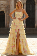 Yellow Floral Tiered Strapless Corset Prom Dress