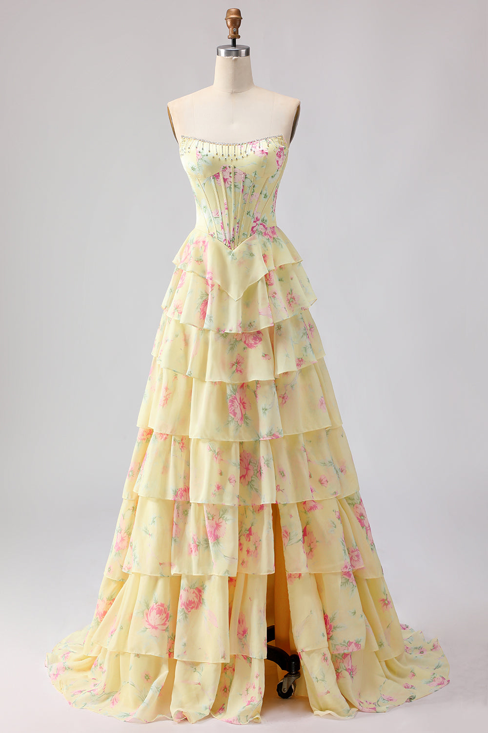 Blue Floral Strapless Tiered A-Line Corset Prom Dress