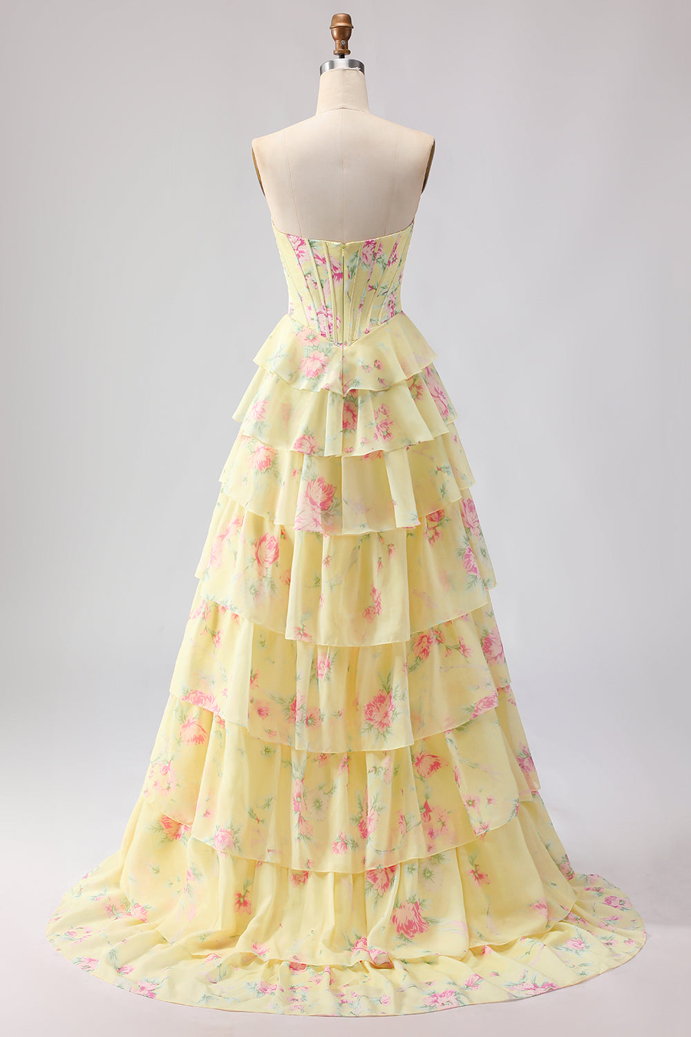 Blue Floral Strapless Tiered A-Line Corset Prom Dress