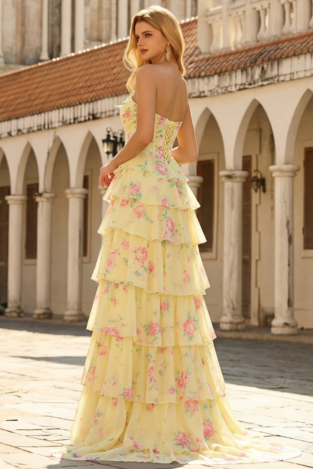 Floral Blue Strapless Tiered A-Line Corset Prom Dress With Slit