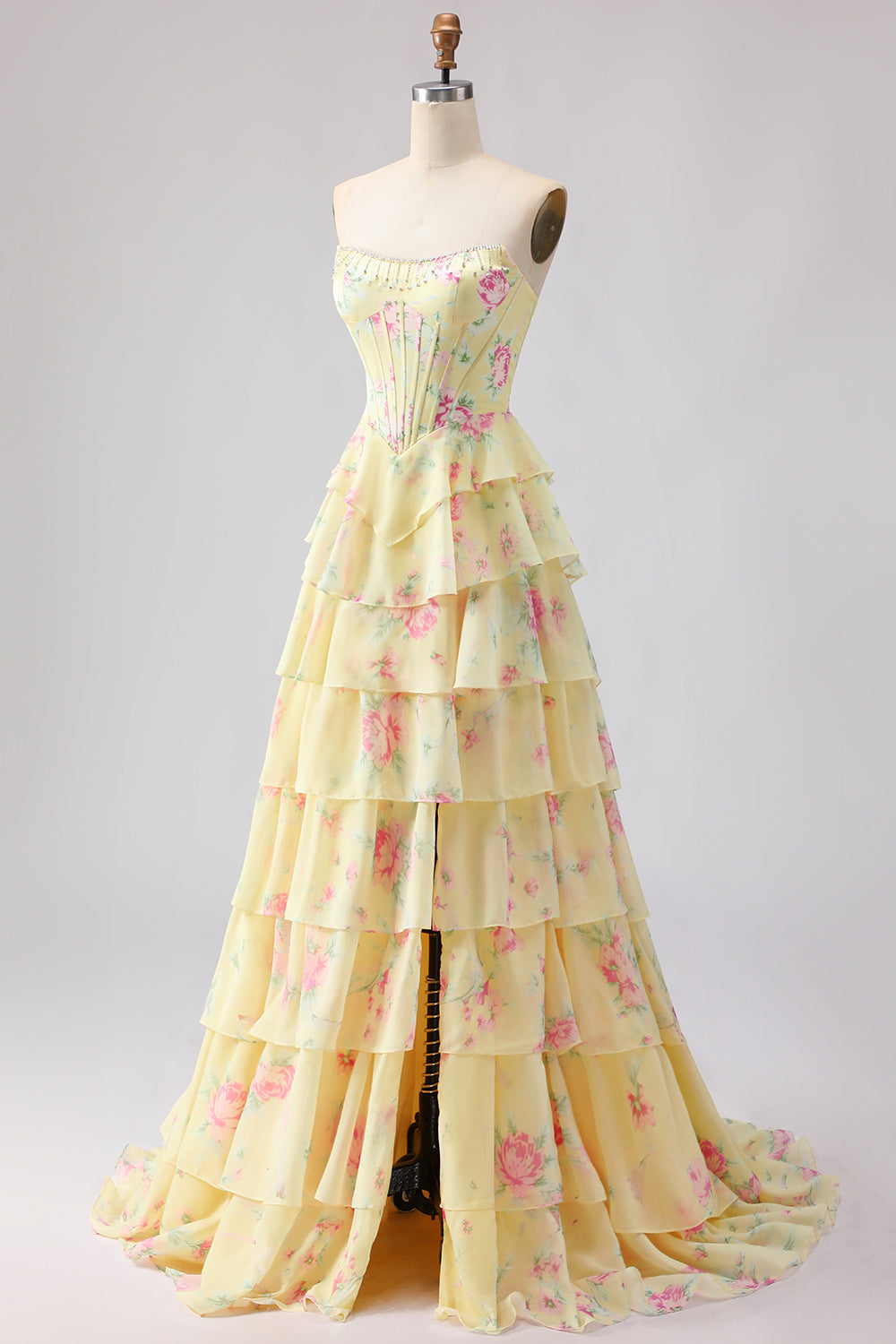 Floral Blue Strapless Tiered A-Line Corset Prom Dress With Slit