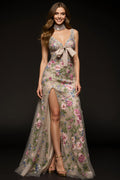 Floral Champagne A Line Long Formal Dress With Bows